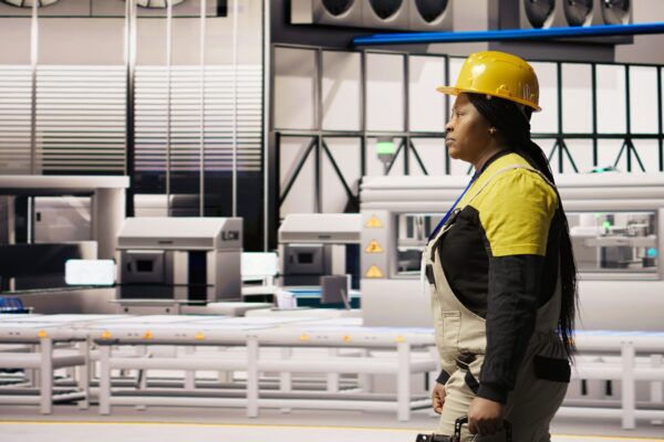 Mechanic holding toolbox walking in smart factory, preparing to do maintenance. Repairman inspecting industry 4.0 plant facility, looking for equipment damages to fix, doing upkeeping, camera A