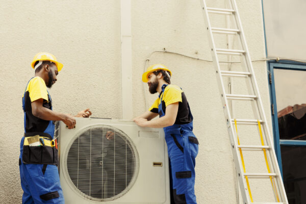 African american mechanic and apprentice repairman taking apart old damaged external hvac system to replace it with new performant air conditioner after draining refrigerant and replacing ductwork